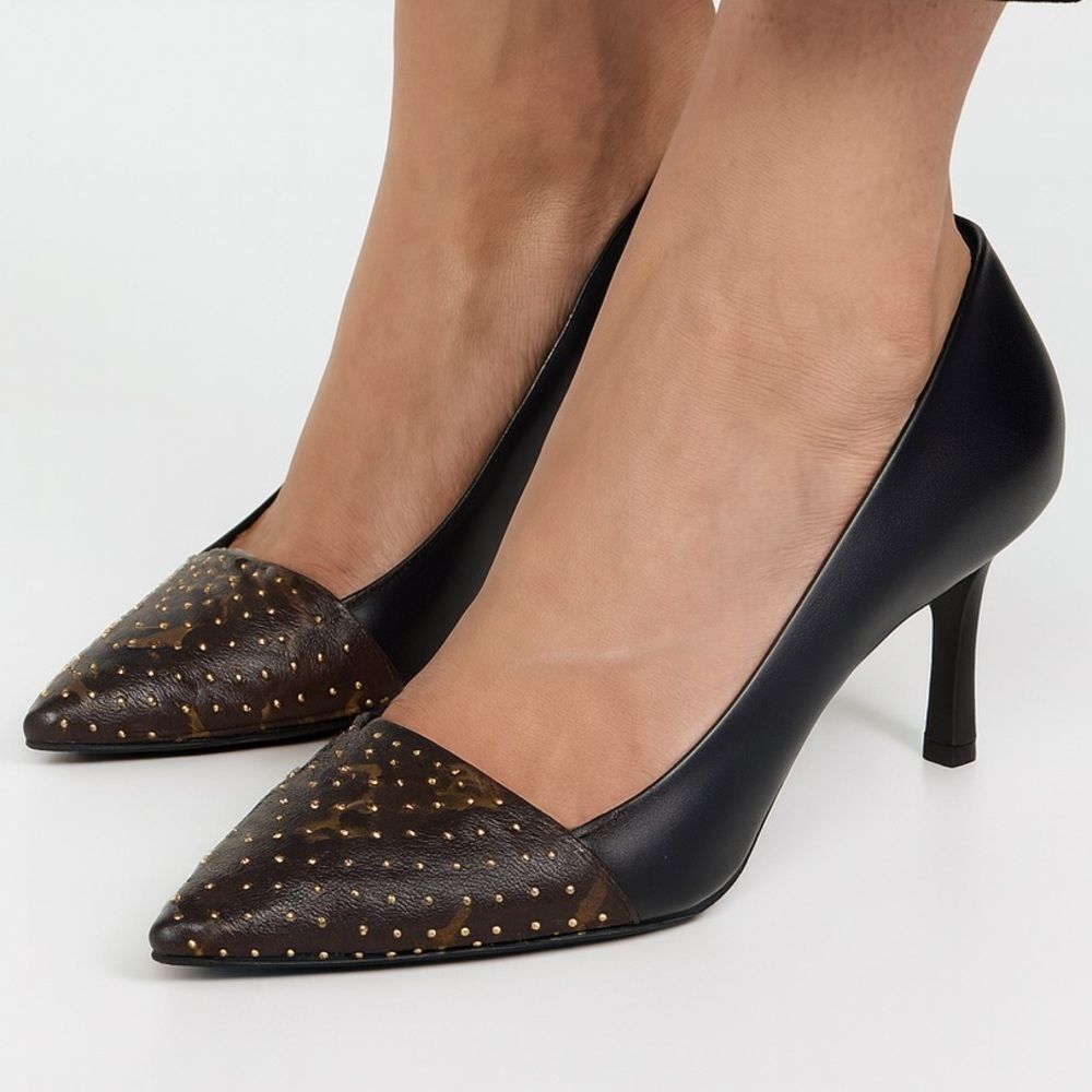 NEW LOUIS VUITTON Cherie Studded LV Monogram Black & Brown Pumps IT36.5